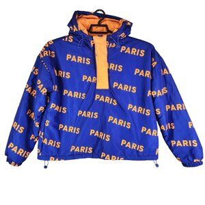 Womens Forever 21 Paris Print Blue & Orange 1/4 Zip & Snap Puffer Jacket Size L